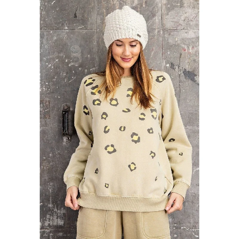 Polished Street Casual Shirts Long Sleeve Leopard Print Washed Terry Sweatshirt