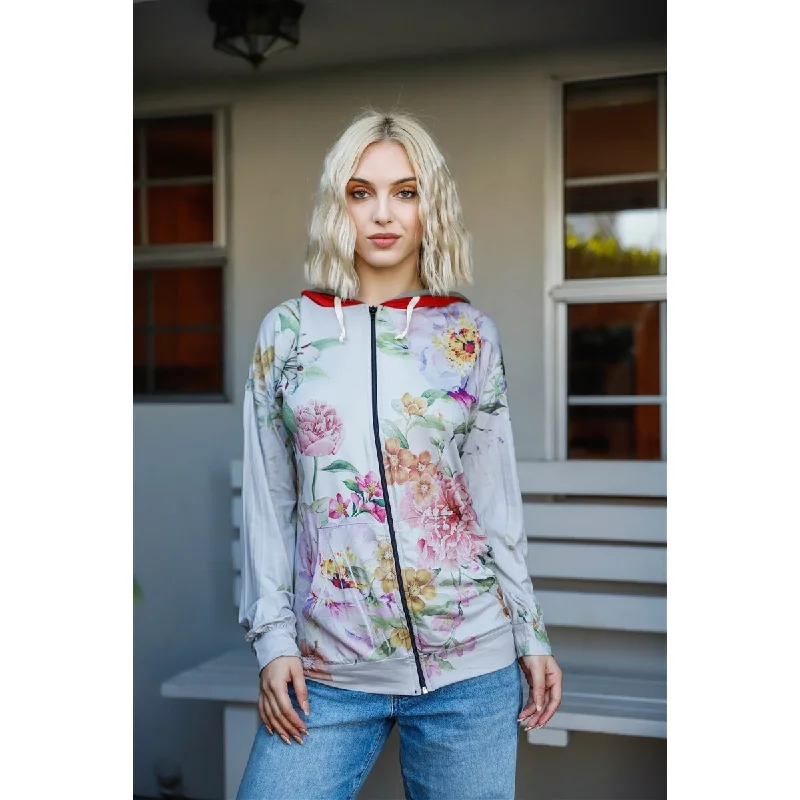 Modern Edgy Warm Jackets Long Sleeves Grey Pink Flower Plaid Print Contrast Double Hood Sweatere Modern Edgy Warm Jackets Long Sleeves Grey Pink Flower Plaid Print Contrast Double Hood Sweatere