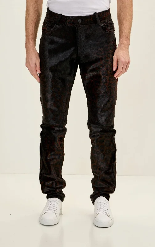 Polished Minimal Athletic Outfits Men's Genuine Calf Hair Leather Pants - Black