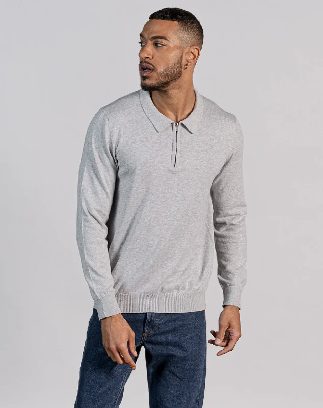 Urban Edge Summer Trends ESSENTIAL LONG SLEEVE ZIPPED NECK POLO - LIGHT GREY