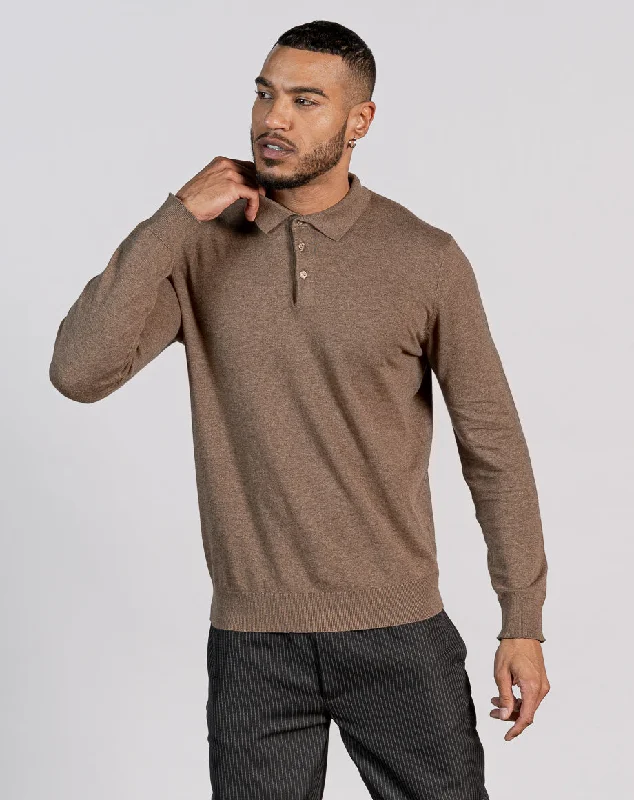 Understated Street Trendy Sweaters ESSENTIAL LONG SLEEVE KNITTED POLO TOP - BROWN