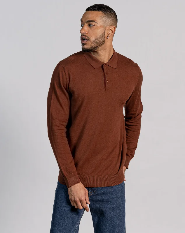 Rugged Rebel Urban Tees ESSENTIAL LONG SLEEVE KNITTED POLO TOP - DARK BROWN