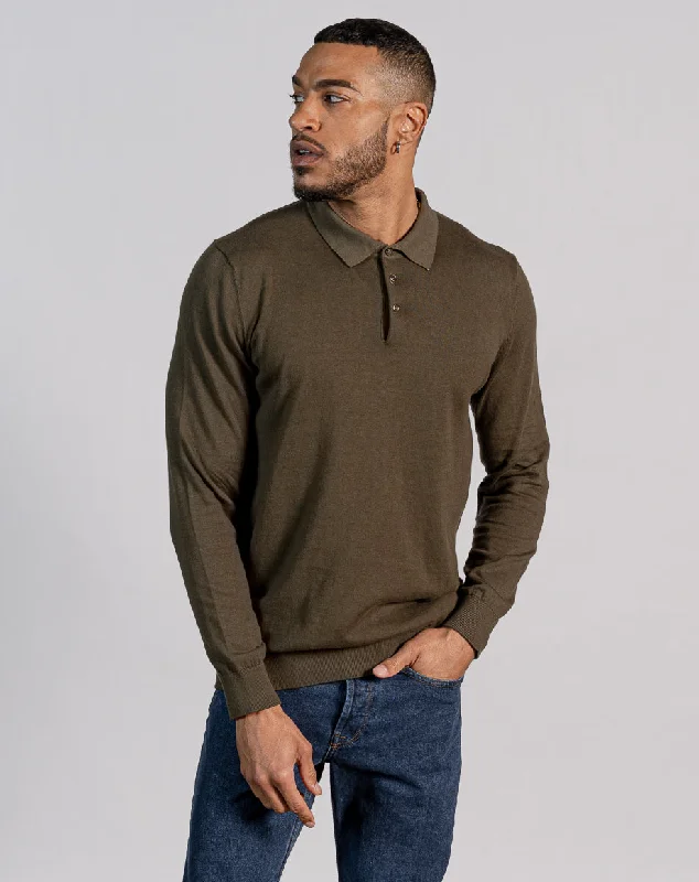 Modern Street Basic Essentials ESSENTIAL LONG SLEEVE KNITTED POLO TOP - DARK KHAKI