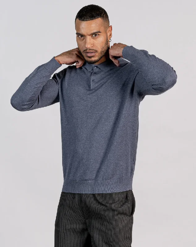 Relaxed Cool Layered Clothing ESSENTIAL LONG SLEEVE KNITTED POLO TOP - MID BLUE