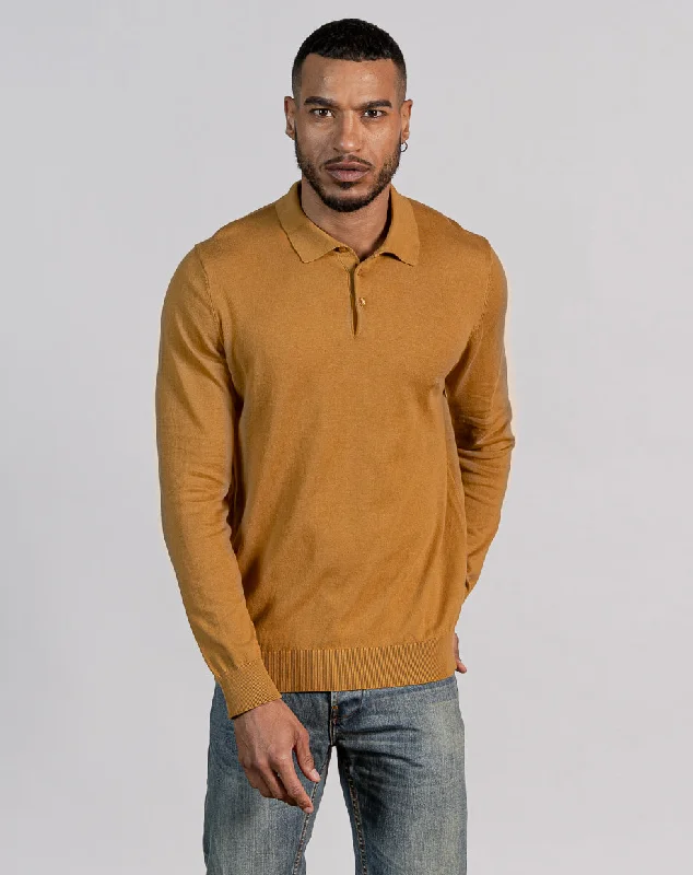 Sophisticated Luxe Sporty Jackets ESSENTIAL LONG SLEEVE KNITTED POLO TOP - MUSTARD