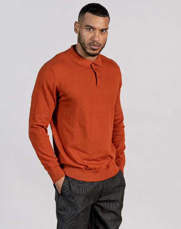 Effortless Minimal Fashion Pants ESSENTIAL LONG SLEEVE KNITTED POLO TOP - ORANGE