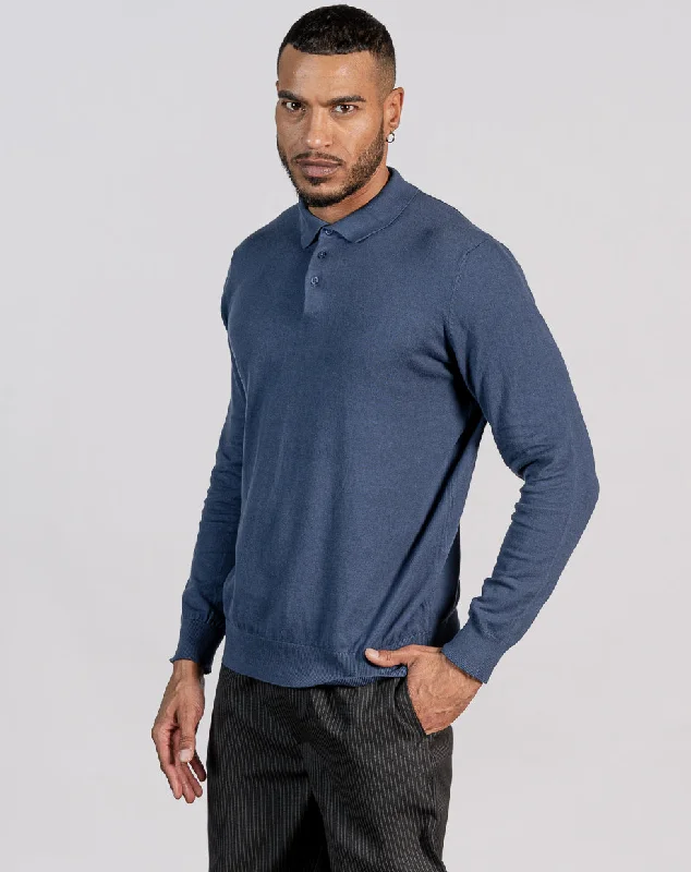 Chic Classic Travel Wear ESSENTIAL LONG SLEEVE KNITTED POLO TOP - ROYAL BLUE