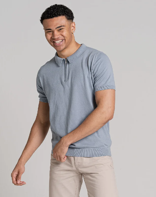 Edgy Luxe Casual Wear ESSENTIAL SHORT SLEEVE ZIP POLO TOP | LIGHT BLUE
