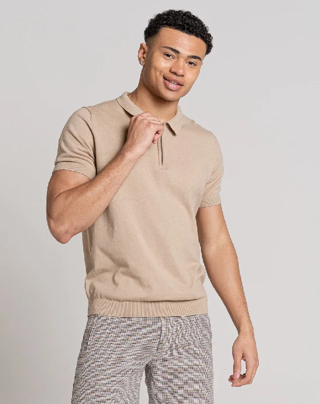 Casual Rugged Comfort Clothes ESSENTIAL SHORT SLEEVE ZIP POLO TOP | LIGHT STONE MARL