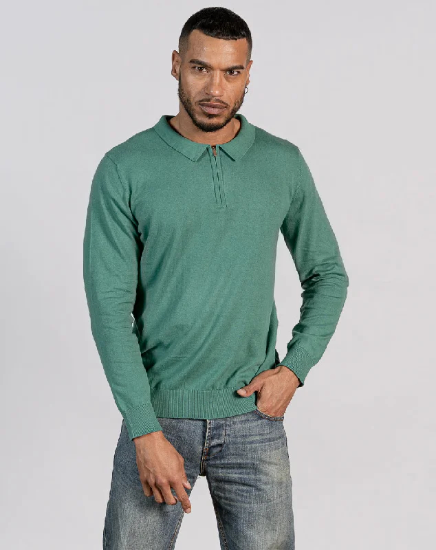 Timeless Cool Minimal Apparel ESSENTIAL LONG SLEEVE ZIPPED POLO TOP - AQUA