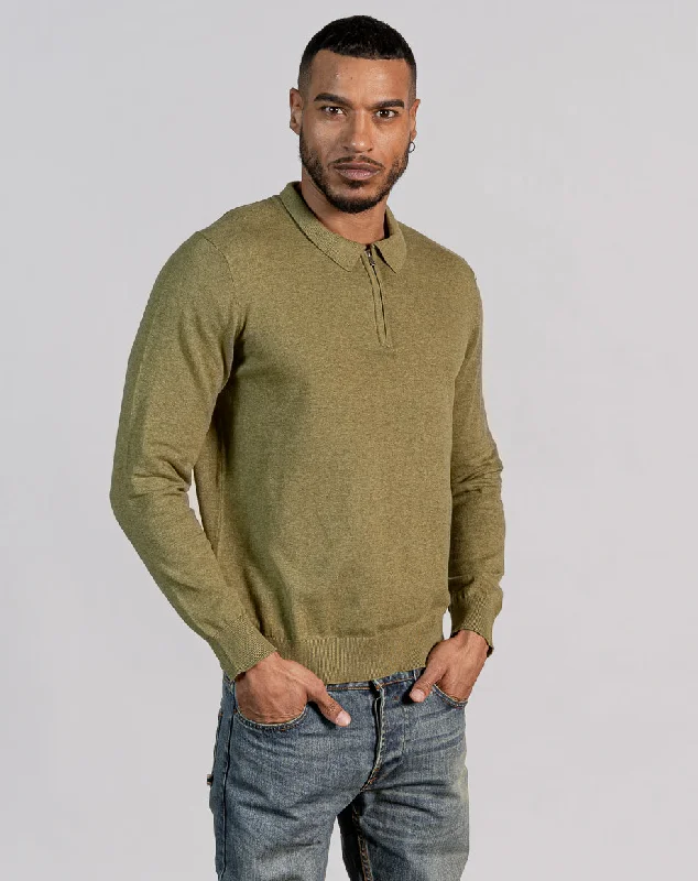 Polished Street Chic Outfits ESSENTIAL LONG SLEEVE ZIPPED POLO TOP - LIGHT KHAKI MARL Polished Street Chic Outfits ESSENTIAL LONG SLEEVE ZIPPED POLO TOP - LIGHT KHAKI MARL
