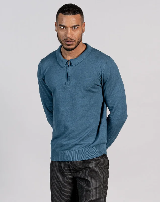 Heritage Rebel Fashionable Wear ESSENTIAL LONG SLEEVE ZIPPED POLO TOP - MID BLUE