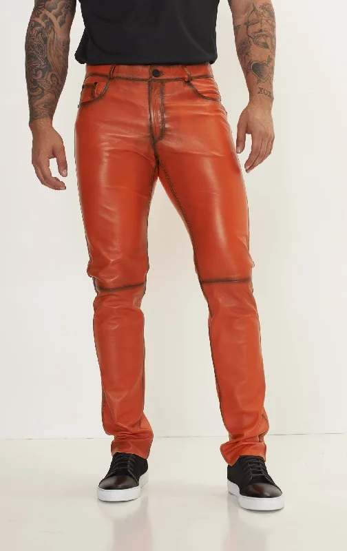 Monochrome Minimal Casual Wear Genuine Lambskin Leather Pants - Orange Tint