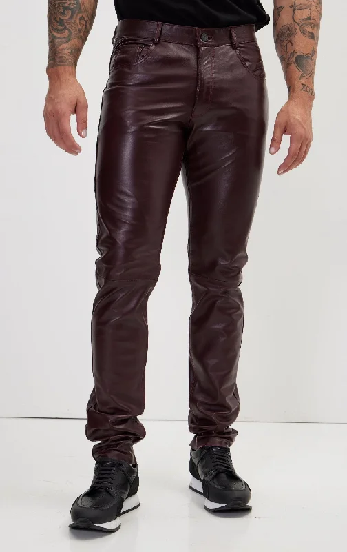 Rugged Luxe Urban Fashion Genuine Lambskin Leather Pants - Wine