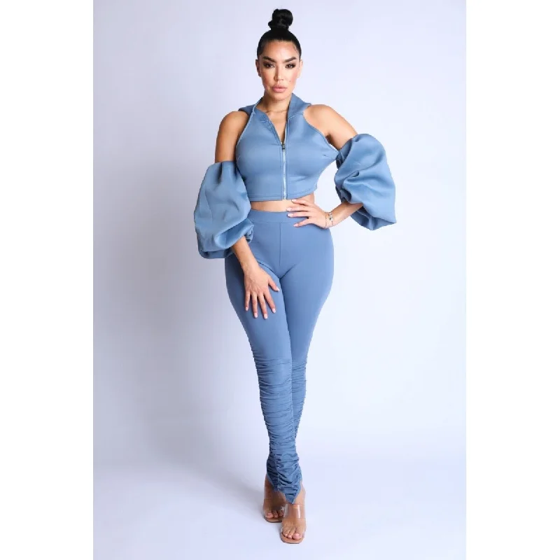 Understated Street Fashion Tops Puff Polyester Sleeve Hoodie Set