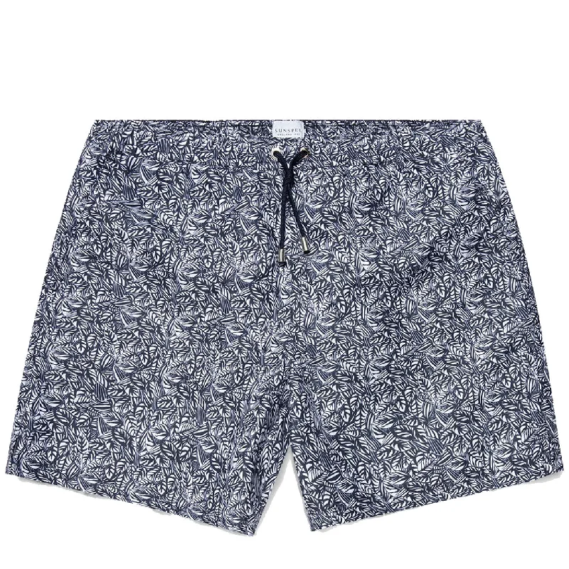 Understated Rugged Stylish Casuals Sunspel Swim Shorts Navy Tropics Print