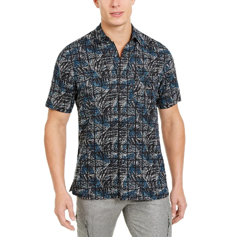 Understated Rugged Relaxed Fit Tasso Elba Men's Stretch Leaf Grid-Print Shirt Black Size Medium