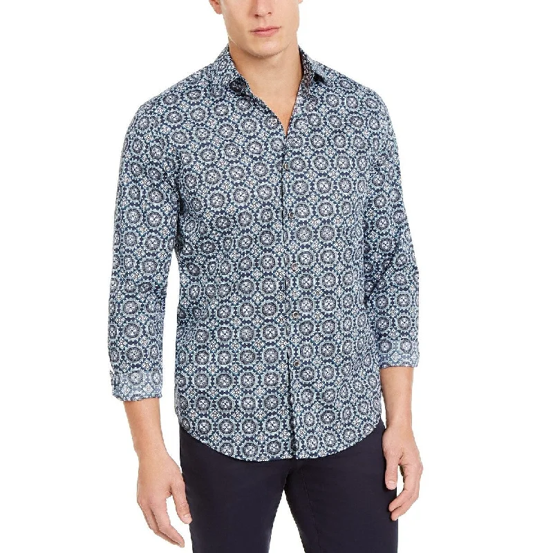 Modern Relaxed Lightweight Fabrics Tasso Elba Men's Stretch Medallion-Print Shirt Navy Size Small Modern Relaxed Lightweight Fabrics Tasso Elba Men's Stretch Medallion-Print Shirt Navy Size Small
