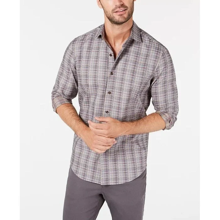 Rugged Rebel Denim Looks Tasso Elba Men's Stretch Plaid Dobby Shirt Gray Size Large