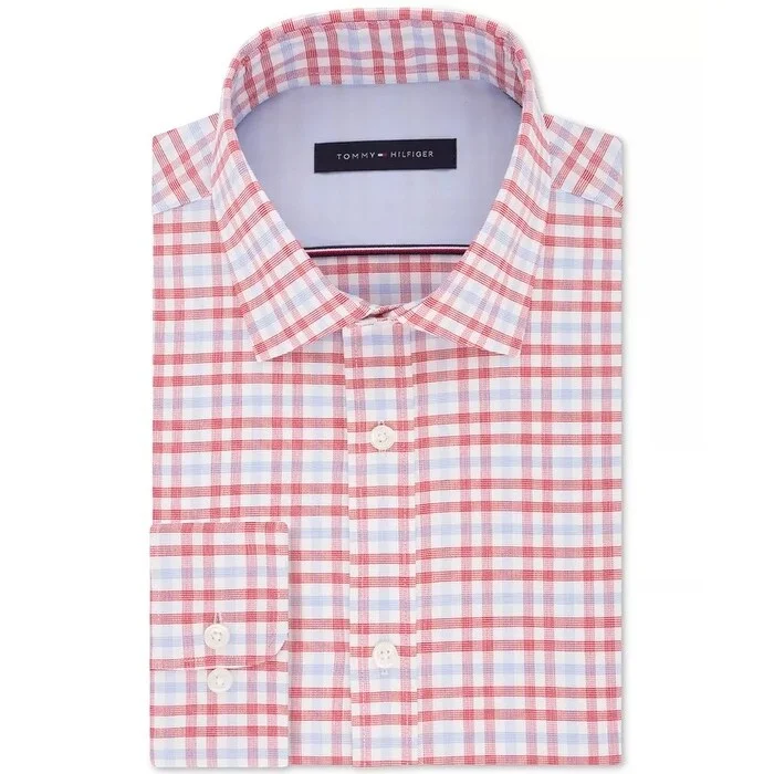 Polished Classic Winter Outfits Tommy Hilfiger Men's Fitted Performance Stretch Blue Check Dress Shirt Red Size 17.5X32X33 Polished Classic Winter Outfits Tommy Hilfiger Men's Fitted Performance Stretch Blue Check Dress Shirt Red Size 17.5X32X33