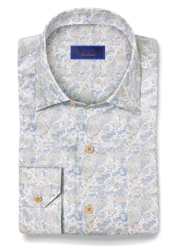 Monochrome Luxe Smart Suits David Donahue Blue & Tan Paisley Print Shirt