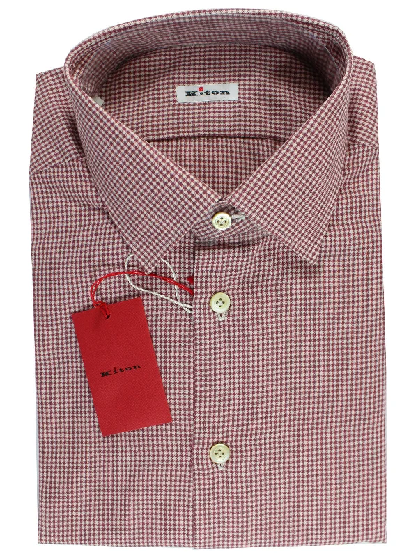 Modern Edgy Chic Outfits Kiton Dress Shirt Maroon White Check 44 - 17 1/2 SALE