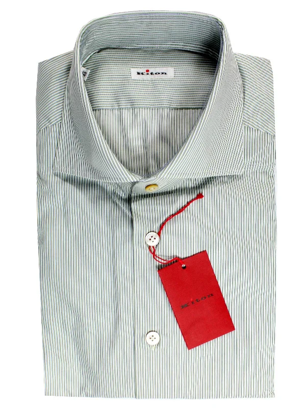 Monochrome Luxe Smart Casual Kiton Dress Shirt White Green Navy Stripes 43 - 17 SALE Monochrome Luxe Smart Casual Kiton Dress Shirt White Green Navy Stripes 43 - 17 SALE