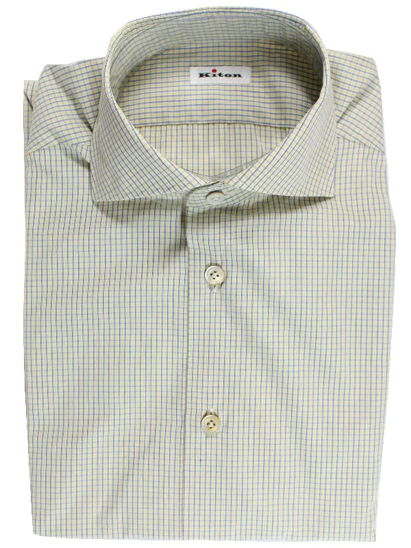 Street Chic Weekend Styles Kiton Dress Shirt White Lime Navy Check Spread Collar 44 - 17 1/2 REDUCED - SALE Street Chic Weekend Styles Kiton Dress Shirt White Lime Navy Check Spread Collar 44 - 17 1/2 REDUCED - SALE