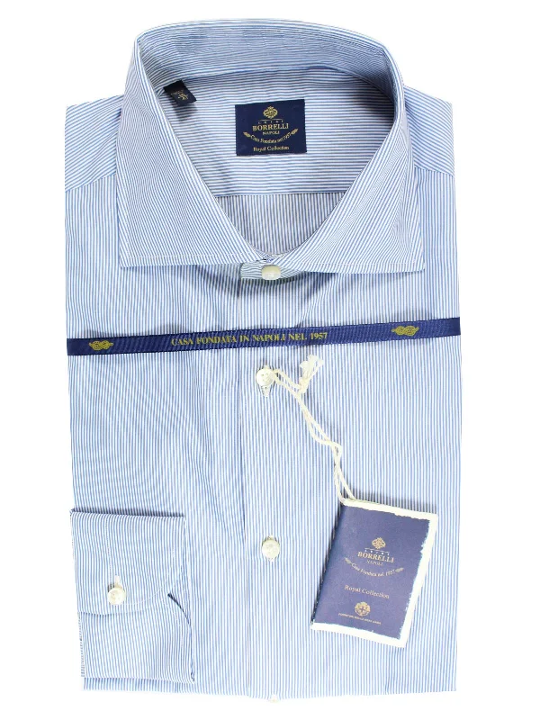 Street Minimal Travel Wear Luigi Borrelli Dress Shirt ROYAL COLLECTION Classic White Navy Stripes 43 - 17 SALE Street Minimal Travel Wear Luigi Borrelli Dress Shirt ROYAL COLLECTION Classic White Navy Stripes 43 - 17 SALE