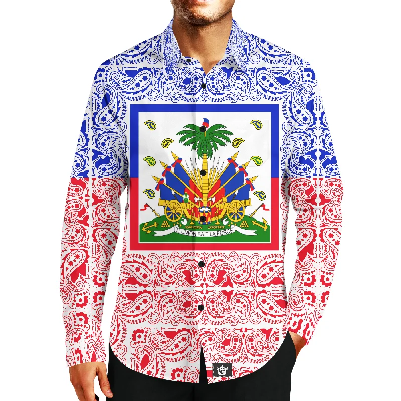 Smart Urban Stylish Casuals MEN'S FASHION TMMG LUXURY HAITI FLAG BANDANA DRESS SHIRT