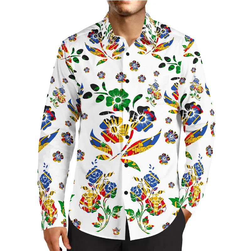 Vintage Cool Classic Apparel MEN'S WHITE FASHION LUXURY TMMG HAITI FLAG HIBISCUS CHOUBLAK DRESS SHIRT