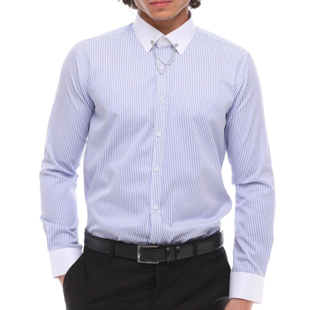 Timeless Minimal Elegant Outfits Mens Stripe Button Down Poplin Shirt With Bar & Chain Smart Formal Classic