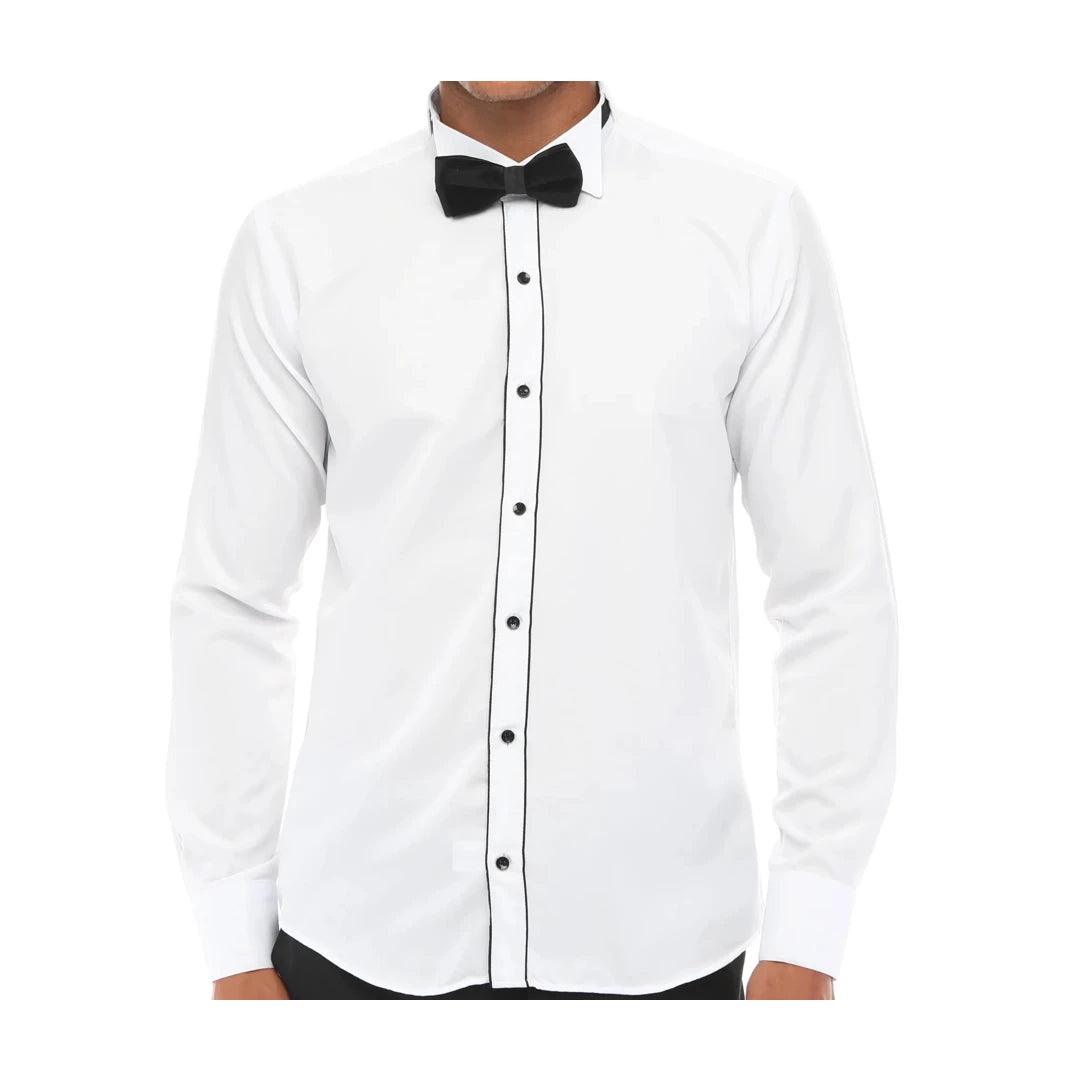 Effortless Urban Casual Fits Mens Wing Collar Shirt Tuxedo White Black Piping Double Cuff Dinner Classic Effortless Urban Casual Fits Mens Wing Collar Shirt Tuxedo White Black Piping Double Cuff Dinner Classic