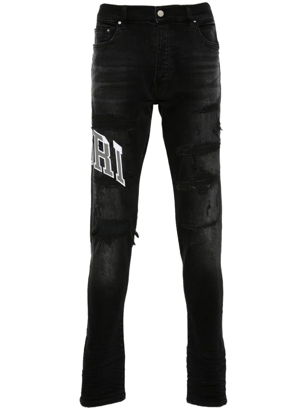 Edgy Luxe All-Weather Outfits Varsity Logo Repair Jeans
