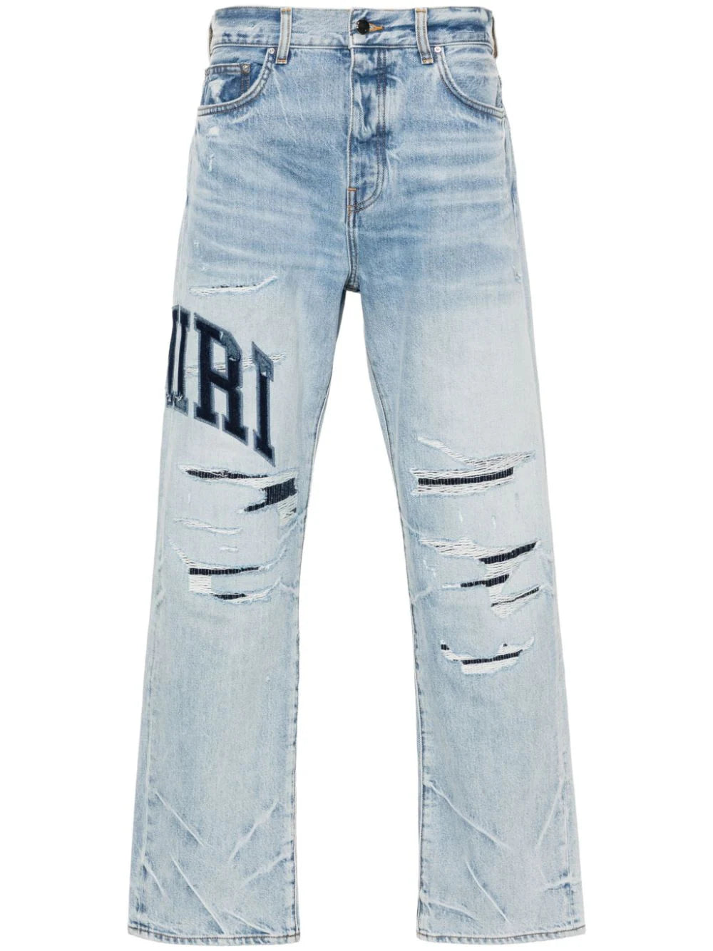 Retro Rugged Modern Clothing Varsity Logo Repair Mid-Rise Straight-Leg Jeans