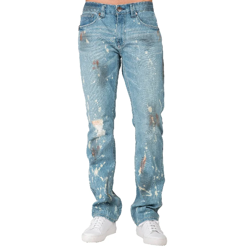 Contemporary Edge Trendy Pants Slim Straight Light Blue Premium Denim Signature 5 Pocket Jeans Paint Splatter Bleach Spots Contemporary Edge Trendy Pants Slim Straight Light Blue Premium Denim Signature 5 Pocket Jeans Paint Splatter Bleach Spots