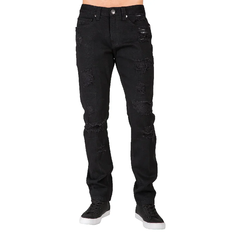Contemporary Luxe Comfy Tops Slim Tapered Leg Overdyed Black Premium Denim Signature 5 Pocket Jean Mended Broken Holes Contemporary Luxe Comfy Tops Slim Tapered Leg Overdyed Black Premium Denim Signature 5 Pocket Jean Mended Broken Holes