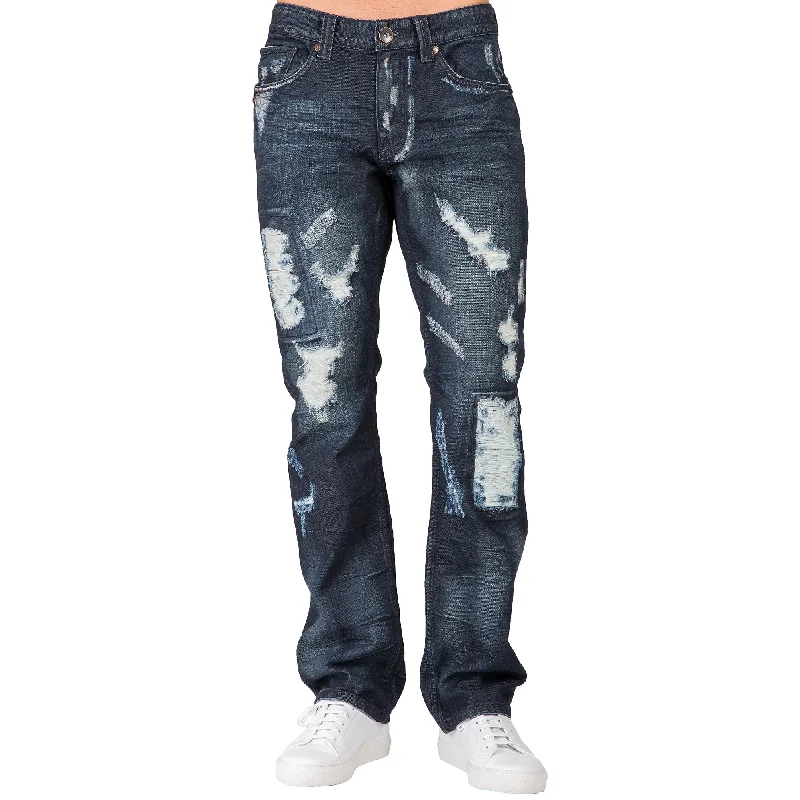Contemporary Cool Stylish Jeans Slim Straight Dark Blue Indigo Premium Denim Signature 5 Pocket Jeans Destroyed & Repaired Contemporary Cool Stylish Jeans Slim Straight Dark Blue Indigo Premium Denim Signature 5 Pocket Jeans Destroyed & Repaired