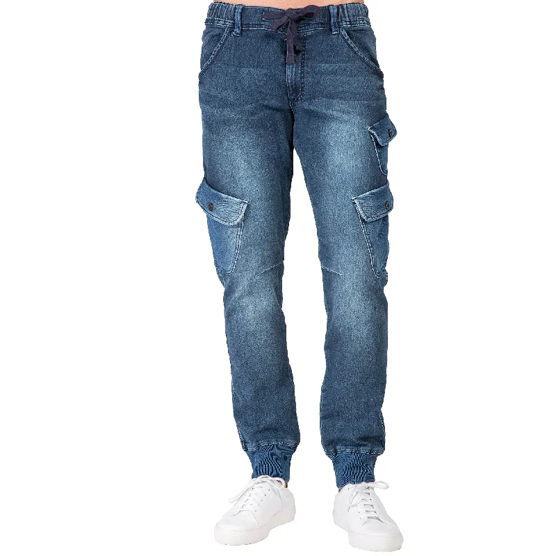 Relaxed Street Sports Gear Ocean Blue Washed Premium Knit Denim Cargo Jogger Jeans Angled Side Cargo Pockets Relaxed Street Sports Gear Ocean Blue Washed Premium Knit Denim Cargo Jogger Jeans Angled Side Cargo Pockets
