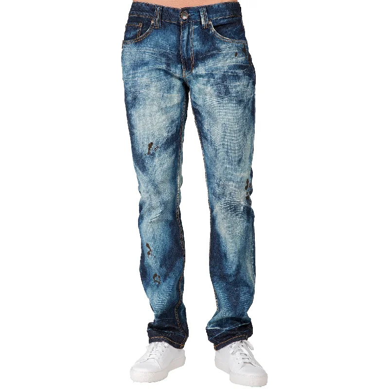 Chic Heritage Modern Basics Slim Straight Dark Cloud Blue Premium Denim 5 Pocket Jeans Sanding Whisker Paint Splatter