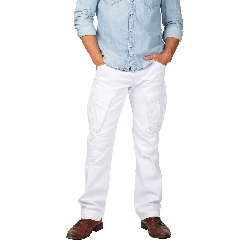 Polished Minimal Classic Fits Slim Straight Distressed & Mended White Premium Denim Cargo Pocket Jeans