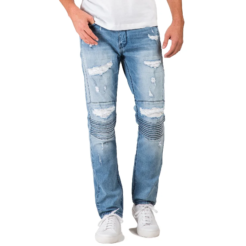 Sophisticated Rugged All-Weather Outfits Slim Tapered Leg Premium Knit Denim Bleached Blue Moto Jeans Distressed & Mended Sophisticated Rugged All-Weather Outfits Slim Tapered Leg Premium Knit Denim Bleached Blue Moto Jeans Distressed & Mended