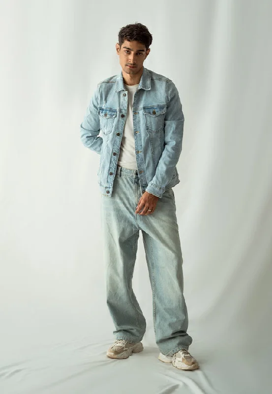 Retro Edge Formal Wear Loose Fit Baggy Jeans - Light Blue