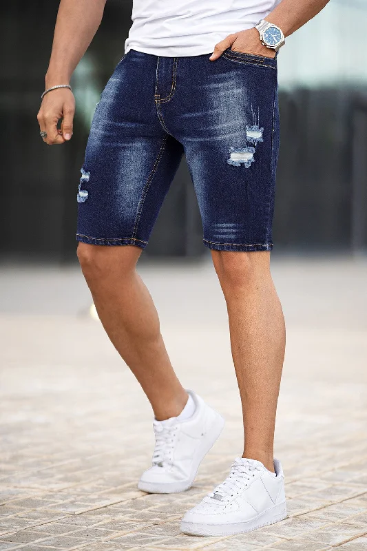 Street Minimal Formal Shirts Men's Denim Short - Ripped And Dark Blue