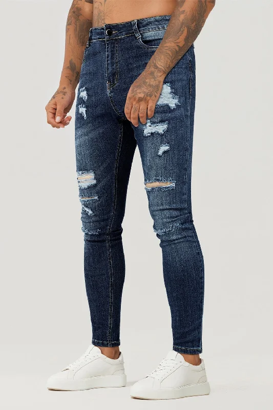 Modern Street Cool Jackets Men's Ripped Skinny Jean - Deep Blue & Light Blue