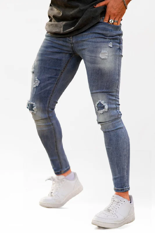Casual Minimal Bold Outfits Men's Stretch Skinny Jean - Ripped & Blue
