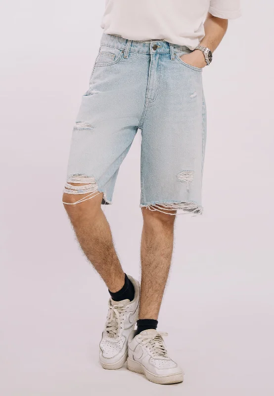 Effortless Classic Athletic Tops Ripped Denim Shorts - Light Blue Wash