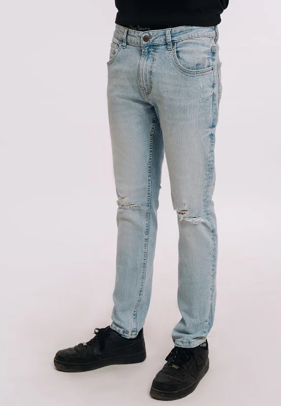 Modern Edgy Relaxed Jackets Skinny Fit Ripped Jeans - Light Blue Wash