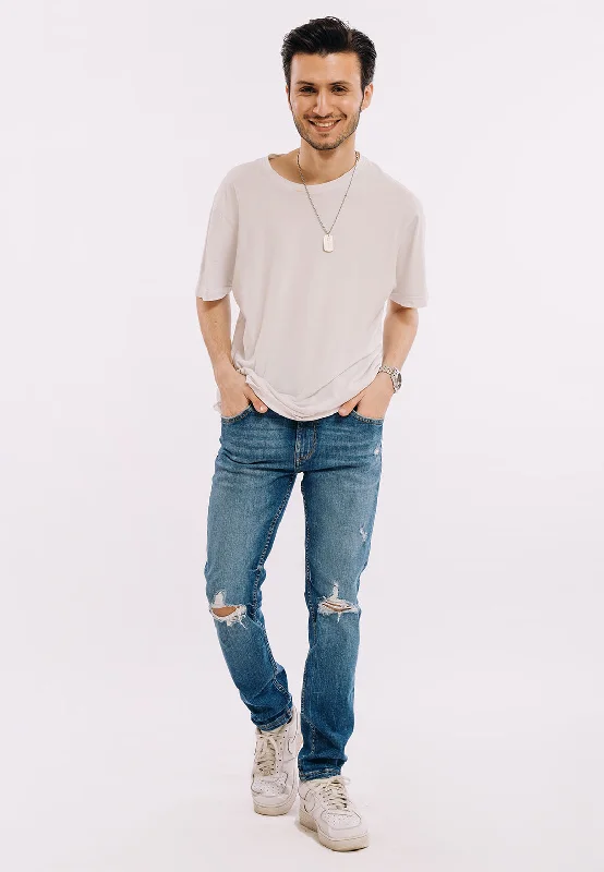 Retro Monochrome Travel Wardrobe Skinny Fit Ripped Jeans - Mid Blue Wash