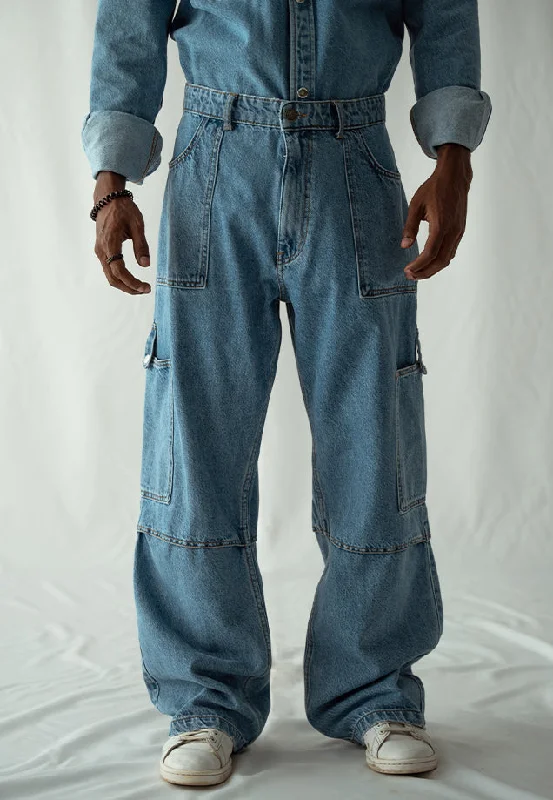 Classic Rugged Casual Wear Straight Fit Cargo Pocket Jeans - Mid Blue